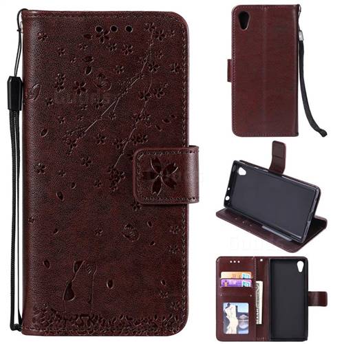Embossing Cherry Blossom Cat Leather Wallet Case for Sony Xperia XA1 - Brown