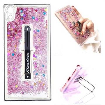 Concealed Ring Holder Stand Glitter Quicksand Dynamic Liquid Phone Case for Sony Xperia XA1 Ultra - Rose