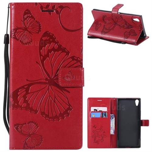 Embossing 3D Butterfly Leather Wallet Case for Sony Xperia XA1 Ultra - Red