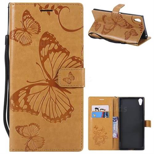 Embossing 3D Butterfly Leather Wallet Case for Sony Xperia XA1 Ultra - Yellow