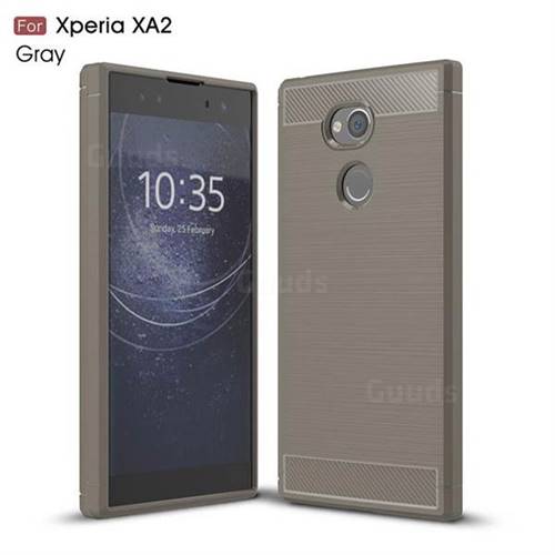Luxury Carbon Fiber Brushed Wire Drawing Silicone TPU Back Cover for Sony Xperia XA2 - Gray