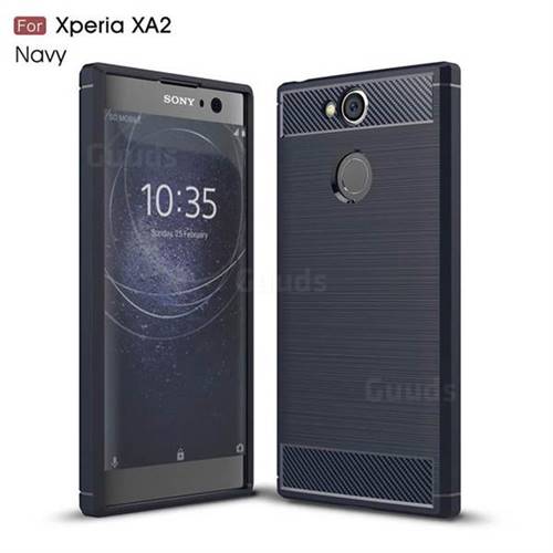 Luxury Carbon Fiber Brushed Wire Drawing Silicone TPU Back Cover for Sony Xperia XA2 - Navy