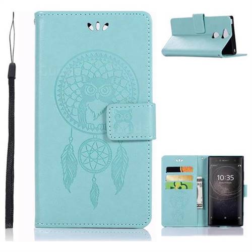 Intricate Embossing Owl Campanula Leather Wallet Case for Sony Xperia XA2 - Green
