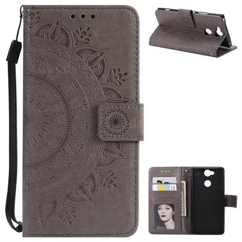 Intricate Embossing Datura Leather Wallet Case for Sony Xperia XA2 - Gray