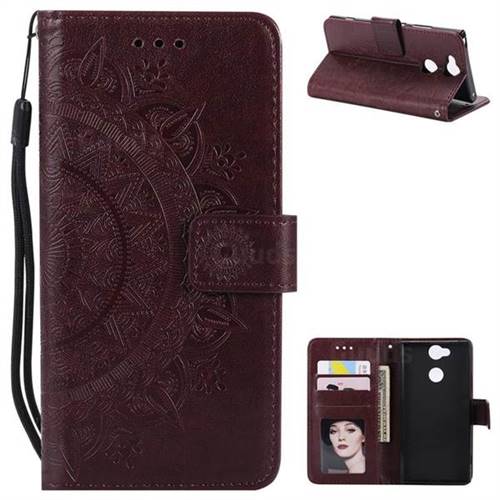 Intricate Embossing Datura Leather Wallet Case for Sony Xperia XA2 - Brown