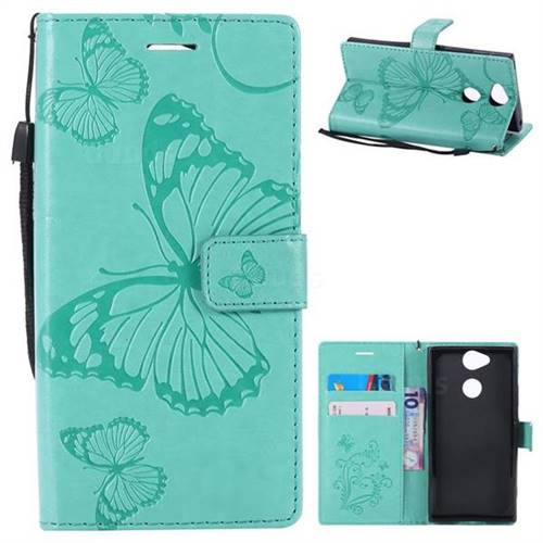 Embossing 3D Butterfly Leather Wallet Case for Sony Xperia XA2 - Green