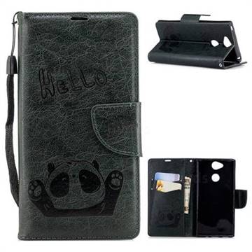 Embossing Hello Panda Leather Wallet Phone Case for Sony Xperia XA2 - Seagreen