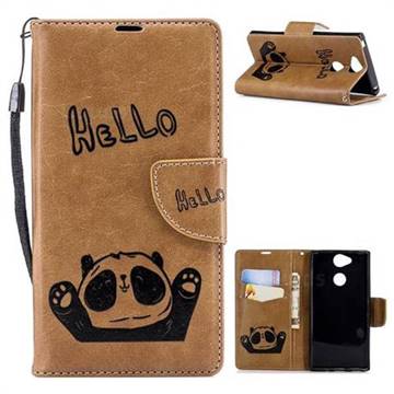 Embossing Hello Panda Leather Wallet Phone Case for Sony Xperia XA2 - Brown