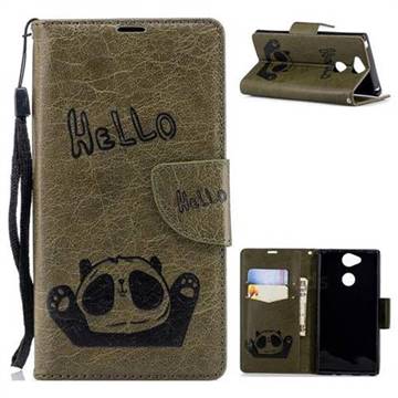 Embossing Hello Panda Leather Wallet Phone Case for Sony Xperia XA2 - Olive Green
