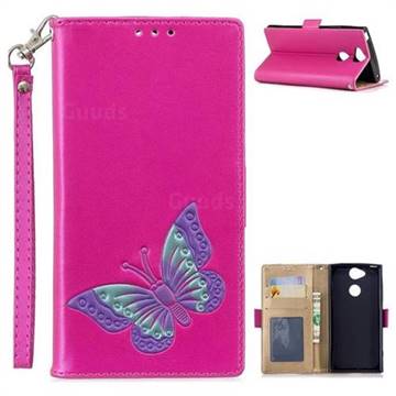 Imprint Embossing Butterfly Leather Wallet Case for Sony Xperia XA2 - Rose Red