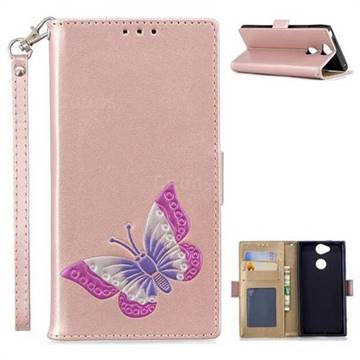 Imprint Embossing Butterfly Leather Wallet Case for Sony Xperia XA2 - Rose Gold
