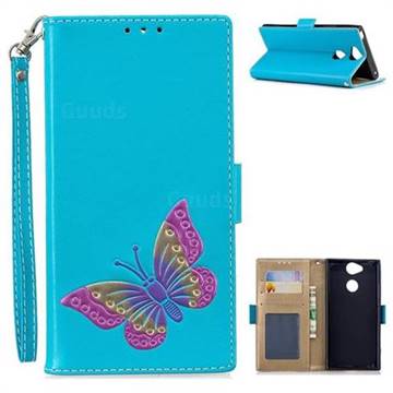 Imprint Embossing Butterfly Leather Wallet Case for Sony Xperia XA2 - Sky Blue