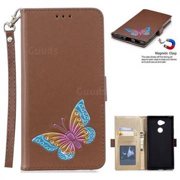 Imprint Embossing Butterfly Leather Wallet Case for Sony Xperia XA2 - Brown