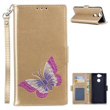 Imprint Embossing Butterfly Leather Wallet Case for Sony Xperia XA2 - Golden