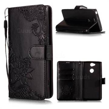 Intricate Embossing Lotus Mandala Flower Leather Wallet Case for Sony Xperia XA2 - Black