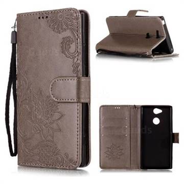 Intricate Embossing Lotus Mandala Flower Leather Wallet Case for Sony Xperia XA2 - Gray