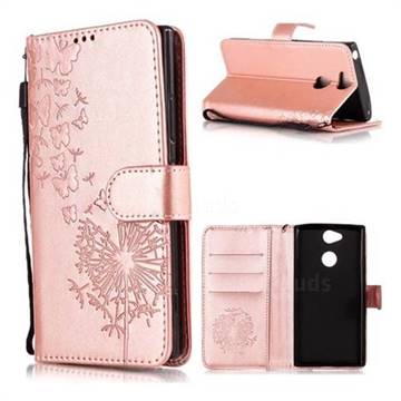 Intricate Embossing Dandelion Butterfly Leather Wallet Case for Sony Xperia XA2 - Rose Gold