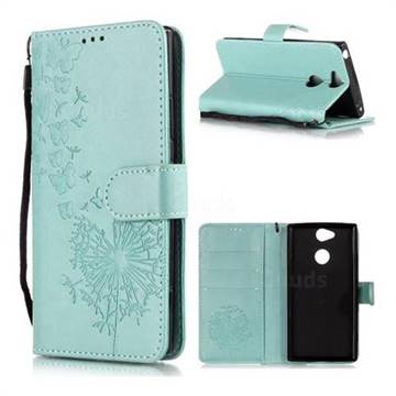 Intricate Embossing Dandelion Butterfly Leather Wallet Case for Sony Xperia XA2 - Green