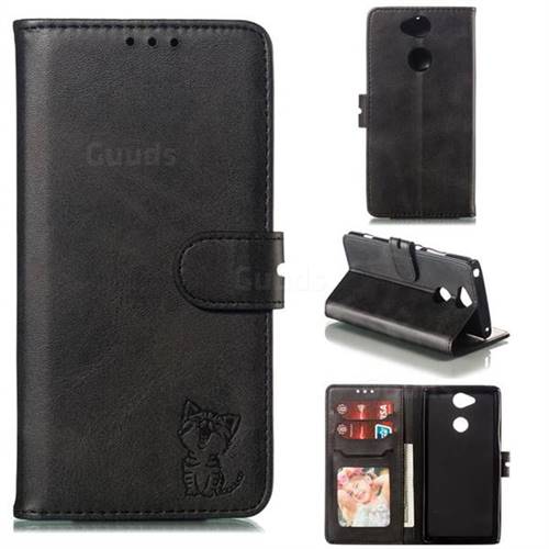 Embossing Happy Cat Leather Wallet Case for Sony Xperia XA2 - Black