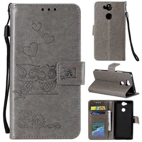 Embossing Owl Couple Flower Leather Wallet Case for Sony Xperia XA2 - Gray