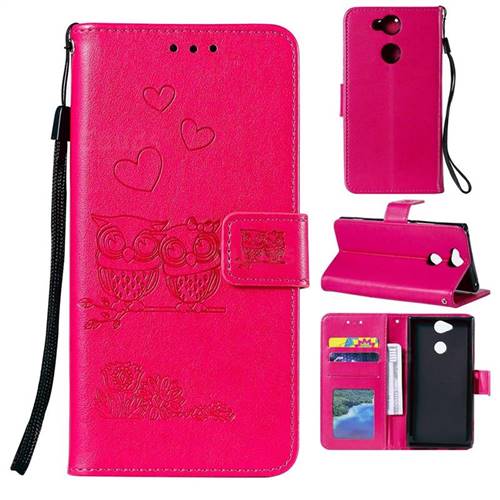 Embossing Owl Couple Flower Leather Wallet Case for Sony Xperia XA2 - Red