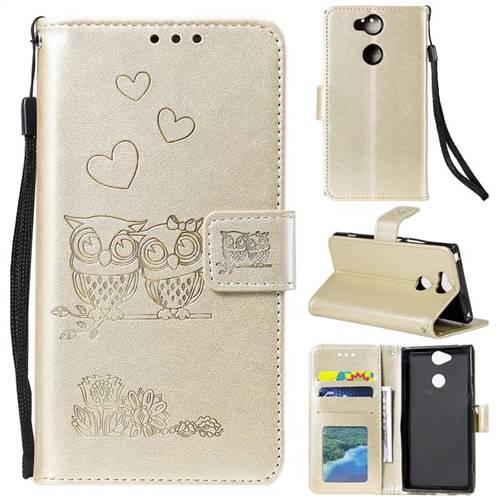 Embossing Owl Couple Flower Leather Wallet Case for Sony Xperia XA2 - Golden