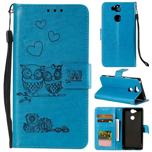 Embossing Owl Couple Flower Leather Wallet Case for Sony Xperia XA2 - Blue