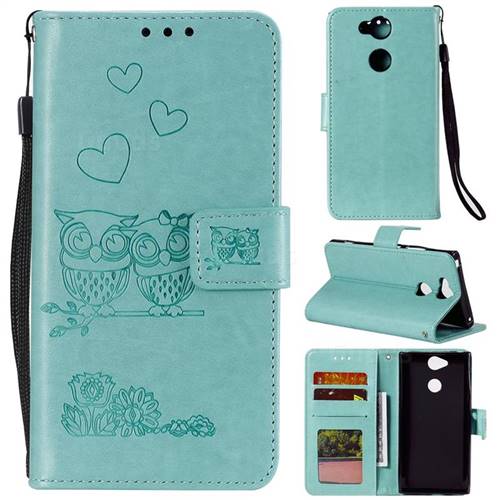 Embossing Owl Couple Flower Leather Wallet Case for Sony Xperia XA2 - Green