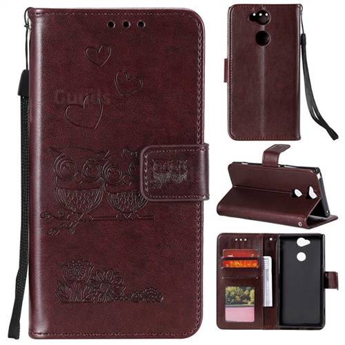 Embossing Owl Couple Flower Leather Wallet Case for Sony Xperia XA2 - Brown