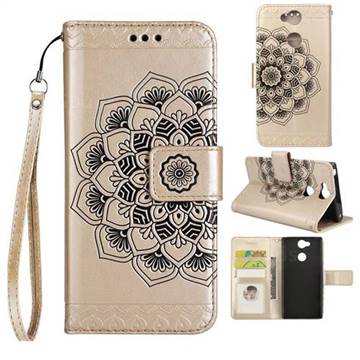 Embossing Half Mandala Flower Leather Wallet Case for Sony Xperia XA2 - Golden