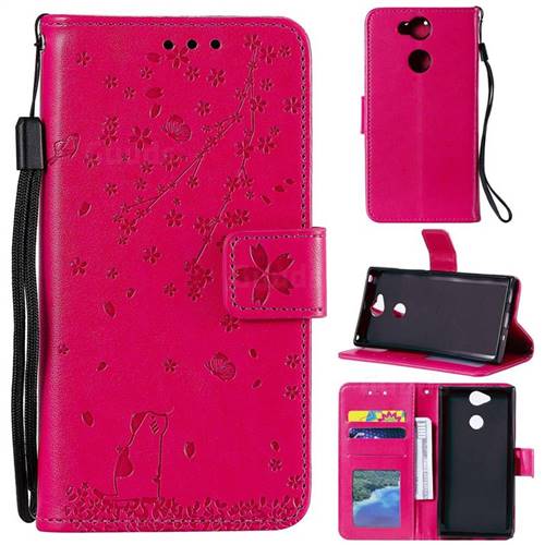 Embossing Cherry Blossom Cat Leather Wallet Case for Sony Xperia XA2 - Rose