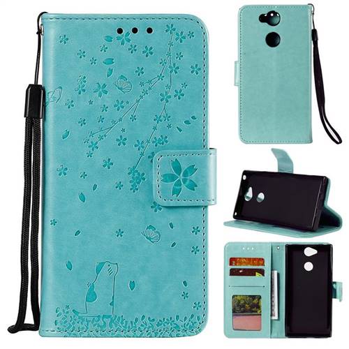Embossing Cherry Blossom Cat Leather Wallet Case for Sony Xperia XA2 - Green