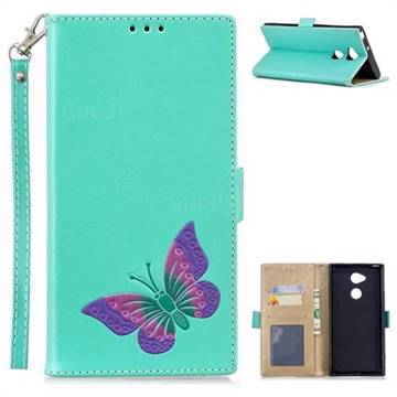Imprint Embossing Butterfly Leather Wallet Case for Sony Xperia XA2 Ultra(6.0 inch) - Mint Green