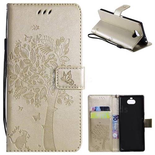 Embossing Butterfly Tree Leather Wallet Case for Sony Xperia 10 / Xperia XA3 - Champagne