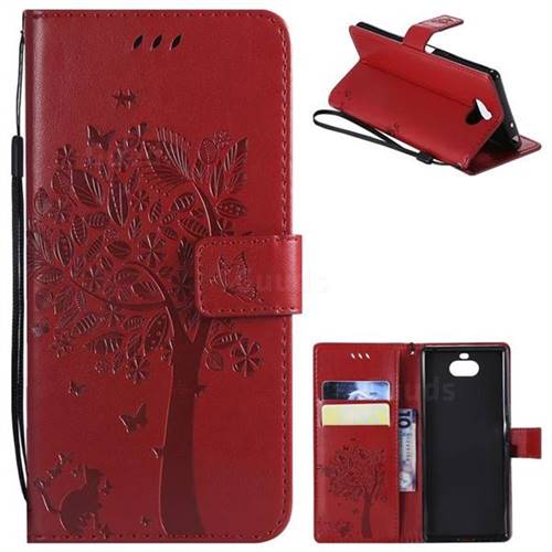 Embossing Butterfly Tree Leather Wallet Case for Sony Xperia 10 / Xperia XA3 - Red