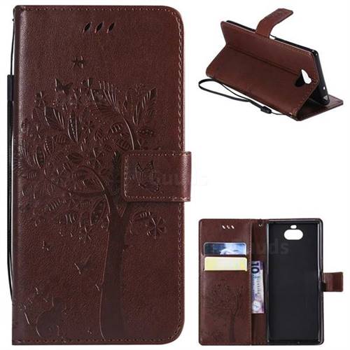 Embossing Butterfly Tree Leather Wallet Case for Sony Xperia 10 / Xperia XA3 - Coffee