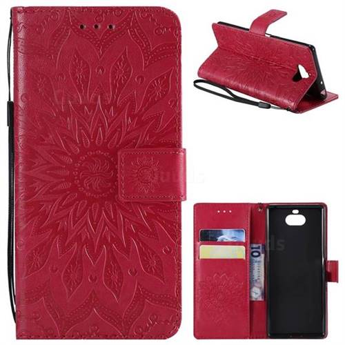Embossing Sunflower Leather Wallet Case for Sony Xperia 10 / Xperia XA3 - Red