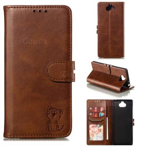Embossing Happy Cat Leather Wallet Case for Sony Xperia 10 / Xperia XA3 - Brown