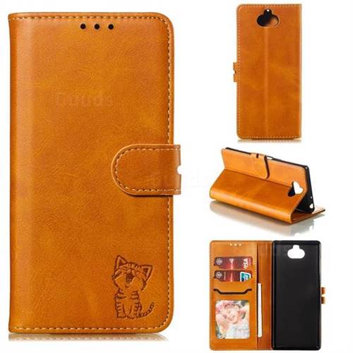 Embossing Happy Cat Leather Wallet Case for Sony Xperia 10 / Xperia XA3 - Yellow