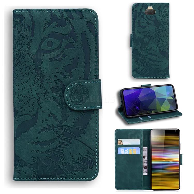 Intricate Embossing Tiger Face Leather Wallet Case for Sony Xperia 10 / Xperia XA3 - Green