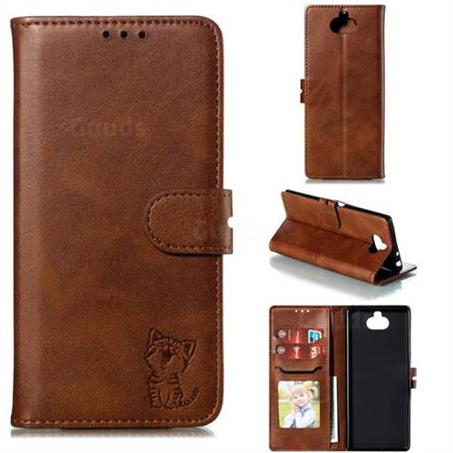 Embossing Happy Cat Leather Wallet Case for Sony Xperia 10 Plus / Xperia XA3 Ultra - Brown