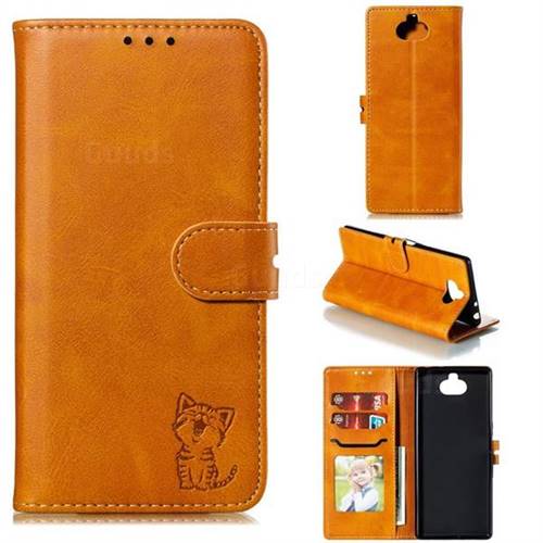 Embossing Happy Cat Leather Wallet Case for Sony Xperia 10 Plus / Xperia XA3 Ultra - Yellow