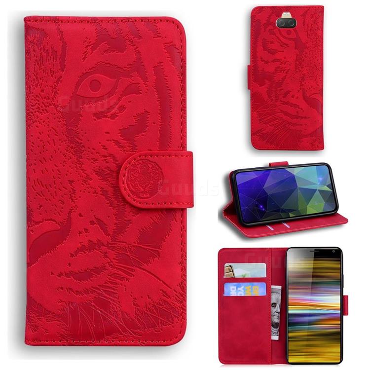 Intricate Embossing Tiger Face Leather Wallet Case for Sony Xperia 10 Plus / Xperia XA3 Ultra - Red