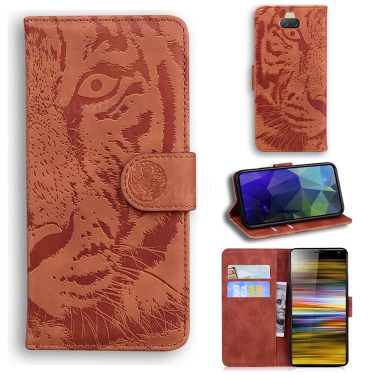 Intricate Embossing Tiger Face Leather Wallet Case for Sony Xperia 10 Plus / Xperia XA3 Ultra - Brown