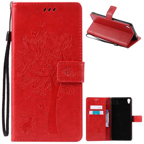 Embossing Butterfly Tree Leather Wallet Case for Sony Xperia XA Ultra / Sony XA Ultra Dual - Red