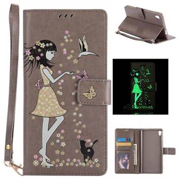 Luminous Flower Girl Cat Leather Wallet Case for Sony Xperia XA Ultra - Gray