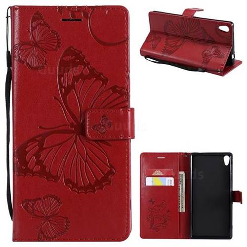 Embossing 3D Butterfly Leather Wallet Case for Sony Xperia XA Ultra - Red