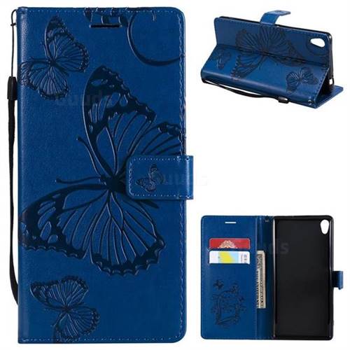 Embossing 3D Butterfly Leather Wallet Case for Sony Xperia XA Ultra - Blue