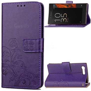 Embossing Imprint Four-Leaf Clover Leather Wallet Case for Sony Xperia X Compact - Purple