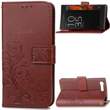 Embossing Imprint Four-Leaf Clover Leather Wallet Case for Sony Xperia X Compact - Brown